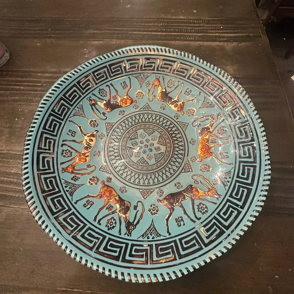 Vintage Turquoise Blue Glass Serving Bowl with Animal Motif by AKCAM Fabrique